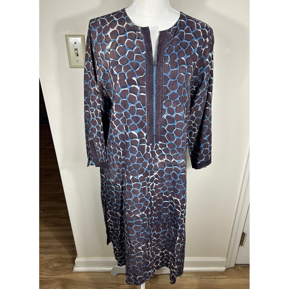 Anokhi Tunic Dress L Indigo Giraffe Block Print Cotton Kurta L/S BOHO Chic Artsy